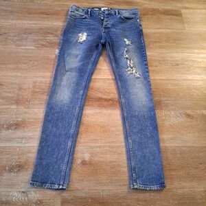 Topman Stretch Skinny Slim Blue Denim Distress Jeans Faded Details Button Fly 32